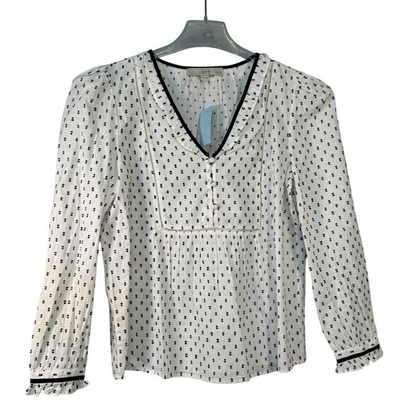 LOFT Tops - Loft Womens White & Navy Polka Dot Blouse Size S Petite
